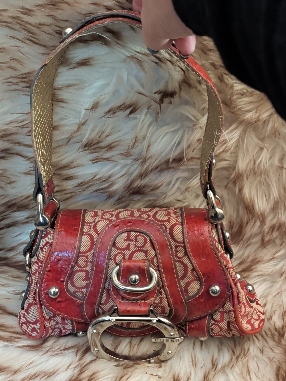 Guess Red Signature Mini Shoulder Bag with Silver Hardware
